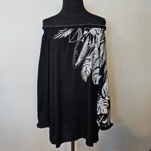 EUC Soft Surroundings Women's Black Tropical Leaves Print Off-Shoulder Blouse S